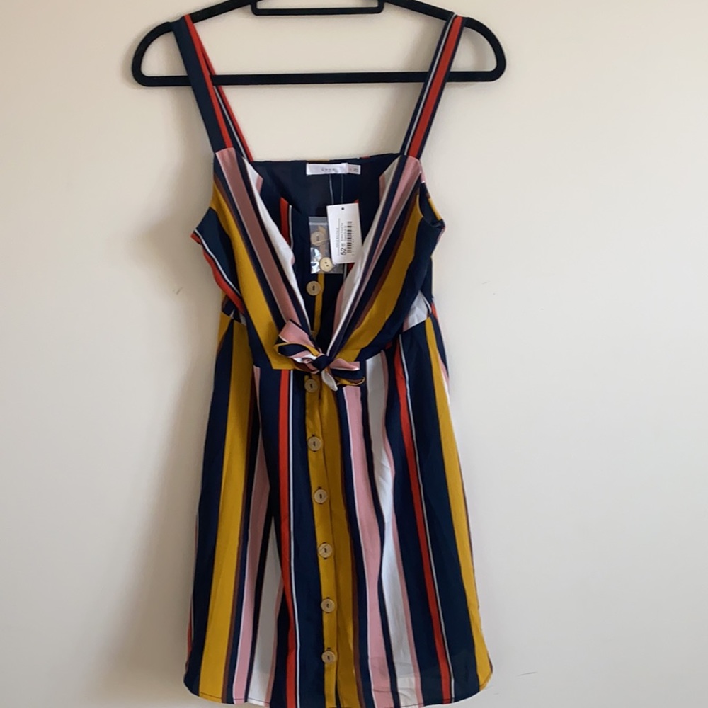 Button Front Tie Multi Colored Dress